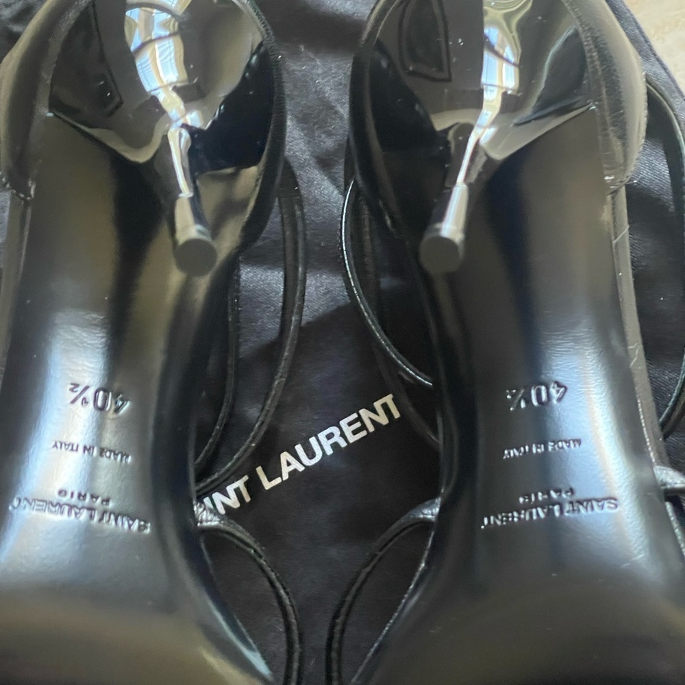 Saint Laurent Black Leather Stiletto Sandals with Gold YSL Logo - Picture 8 of 9